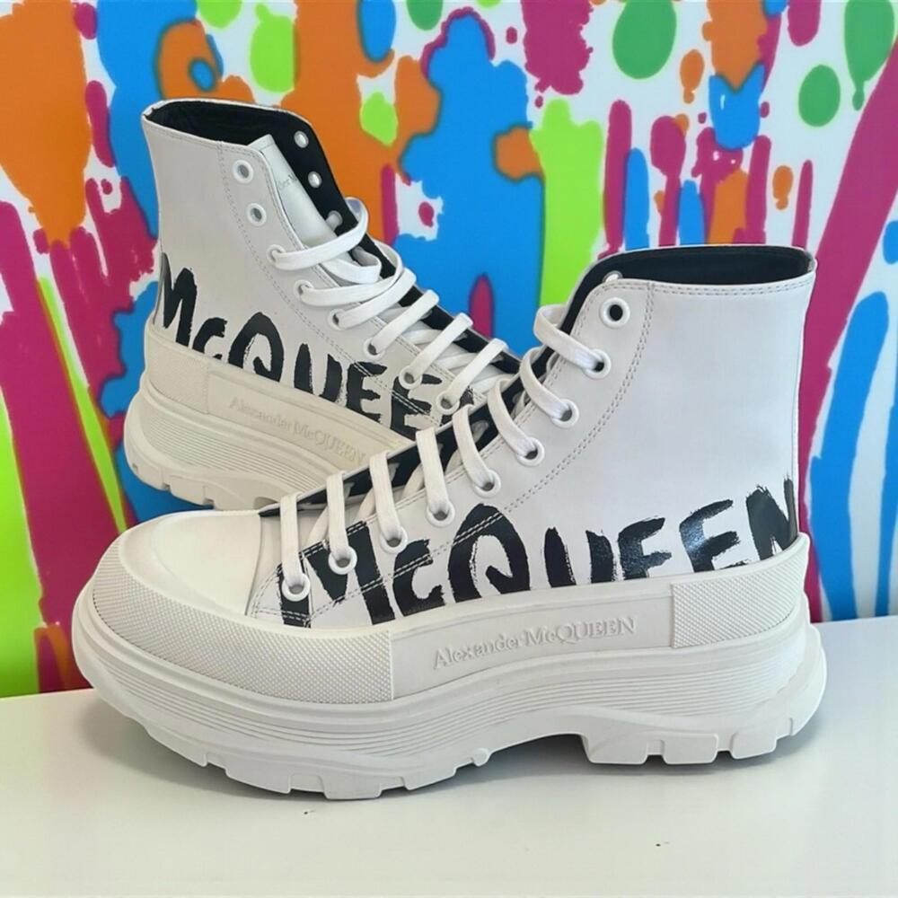 $790 Alexander McQueen ,Treadslick Nappa Joey High Top Sneakers White/Black 42